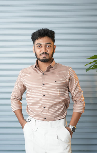 Men’s Vertical Stripe Party Wear Shirt | Slim Fit Casual & Formal Shirt - Beige
