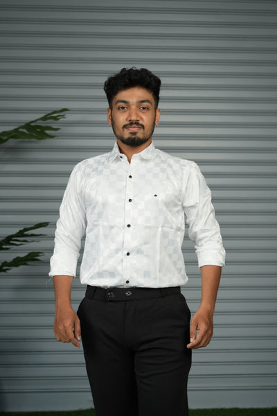 Men’s Premium Party Wear Checkered Satin Shirt – Trendy Slim Fit Fashion - White
