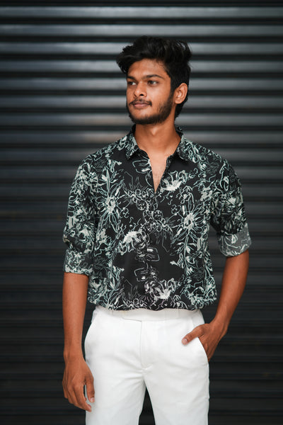Men’s Noir Bloom Printed Full Sleeve Casual Shirt - Black