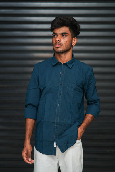 Men’s Full Sleeve Cotton Casual Shirt | Trendy Plain Slim Fit Shirt for Men - Petrol Blue
