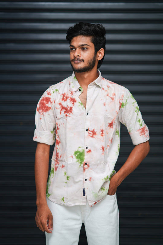 Men’s Tie Dye Printed Shirt – Premium Slim Fit Casual Designer Shirt - White, Red & Green Splash – 7MAN Men's Fashion India