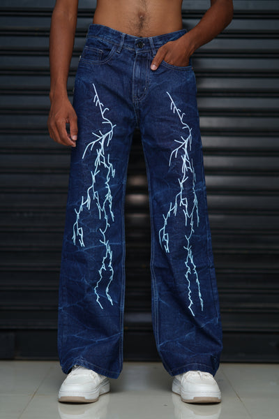 Men’s Printed Denim Jeans – Trendy Street Style Wide Fit Jeans - Dark Blue