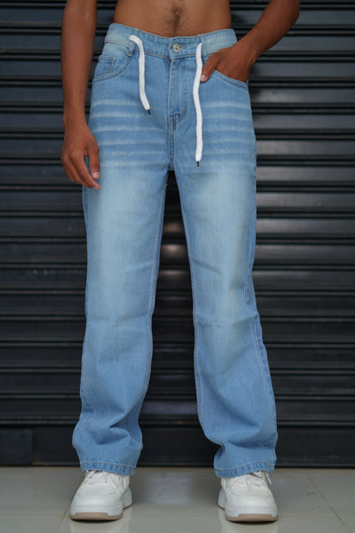 Men’s Washed Denim Jeans – Relaxed Fit Casual Drawstring Pants - Light Blue