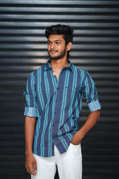 Men’s Slim Fit Striped Shirt | Premium Casual Wear - Navy blue with green 2 stripes