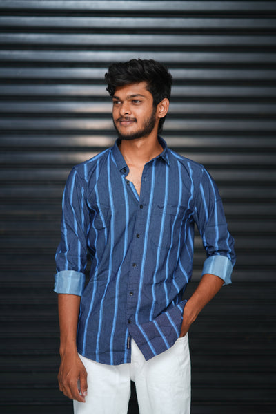 Men’s Slim Fit Striped Shirt | Premium Casual Wear - Indigo Blue