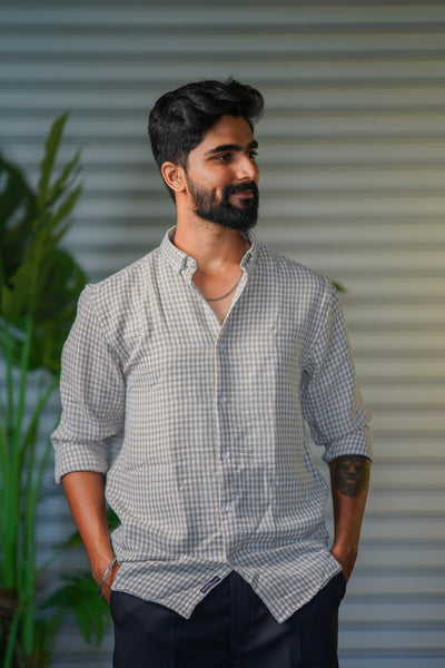 Men’s Premium Checked Korean Linen Shirt | Casual Full Sleeve Shirt - Beige