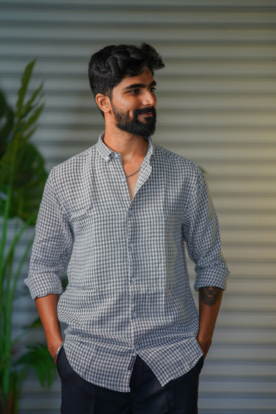 Men’s Premium Checked Korean Linen Shirt | Casual Full Sleeve Shirt - Grey