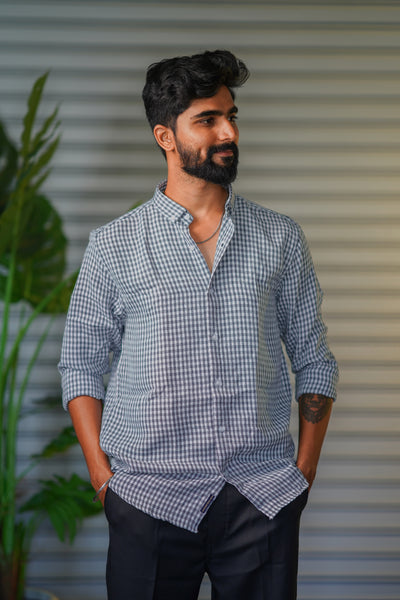 Men’s Premium Checked Korean Linen Shirt | Casual Full Sleeve Shirt - Blue