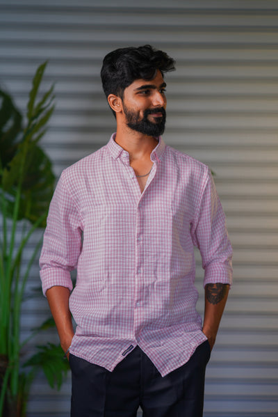 Men’s Premium Checked Korean Linen Shirt | Casual Full Sleeve Shirt - Pink