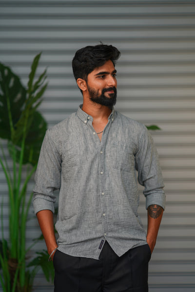 Men's Korean Linen Plain Shirt – Premium Casual Full Sleeve Shirt - Grey
