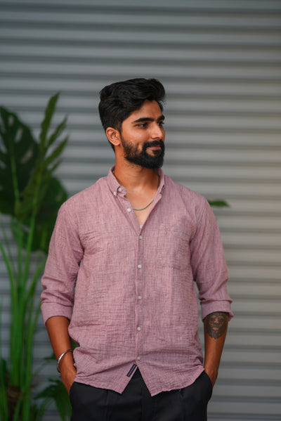 Men's Korean Linen Plain Shirt – Premium Casual Full Sleeve Shirt - Pink