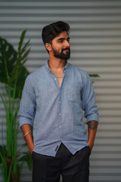 Men's Korean Linen Plain Shirt – Premium Casual Full Sleeve Shirt - Blue