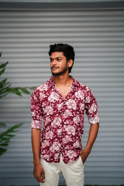 Men's Floral Printed Casual Shirt | Premium Party Wear Slim Fit Shirt - Wine