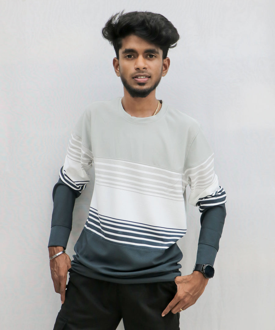 Striped Round Neck Full Sleeve Mens Tshirt in Grey