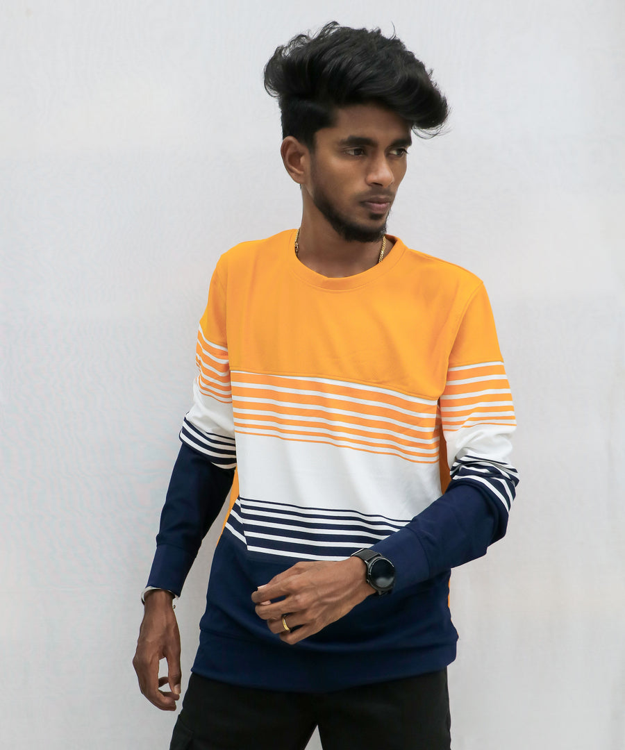 Striped Round Neck Full Sleeve Mens Tshirt in Yellow