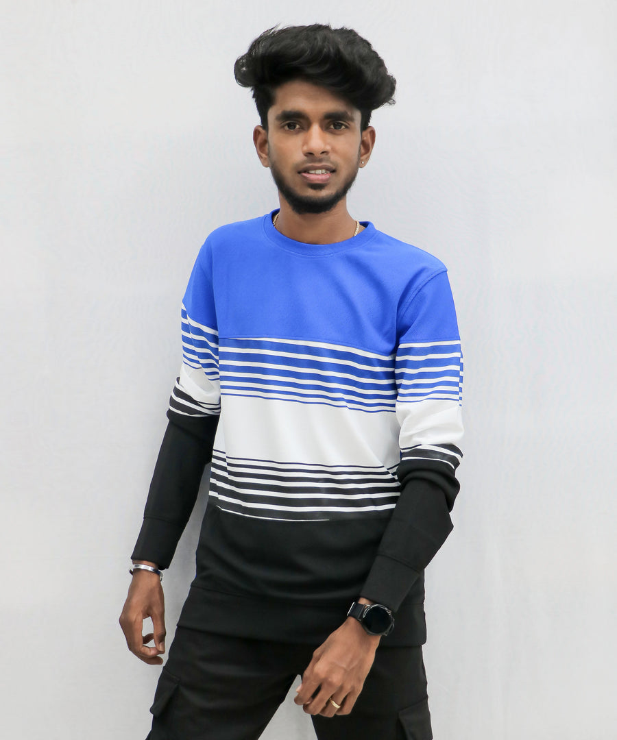 Striped Round Neck Full Sleeve Mens Tshirt in Light Blue