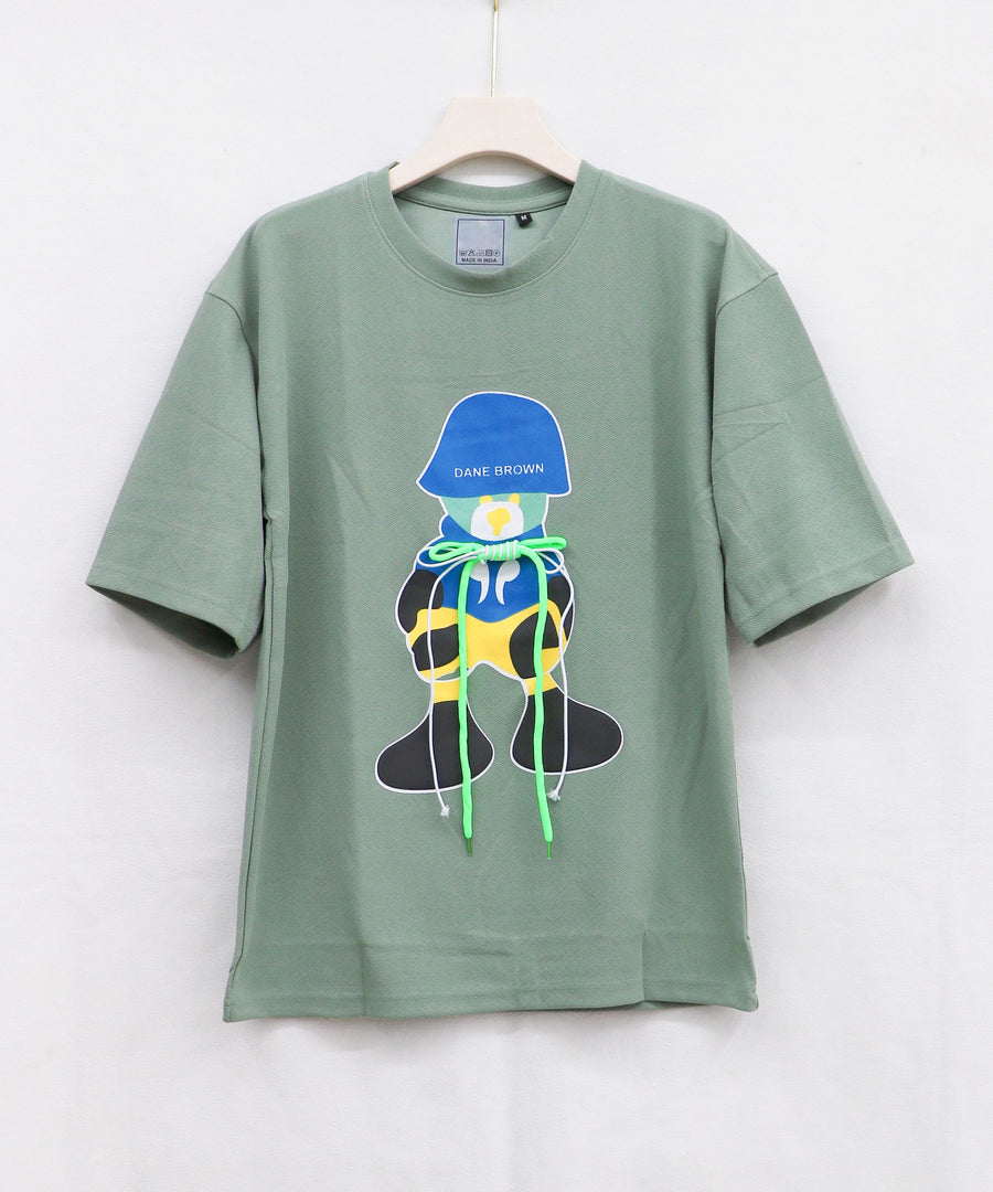 Men's Stylish Five Sleeve Oversize Anime Printed T-Shirt with Lace - LIGHT GREEN