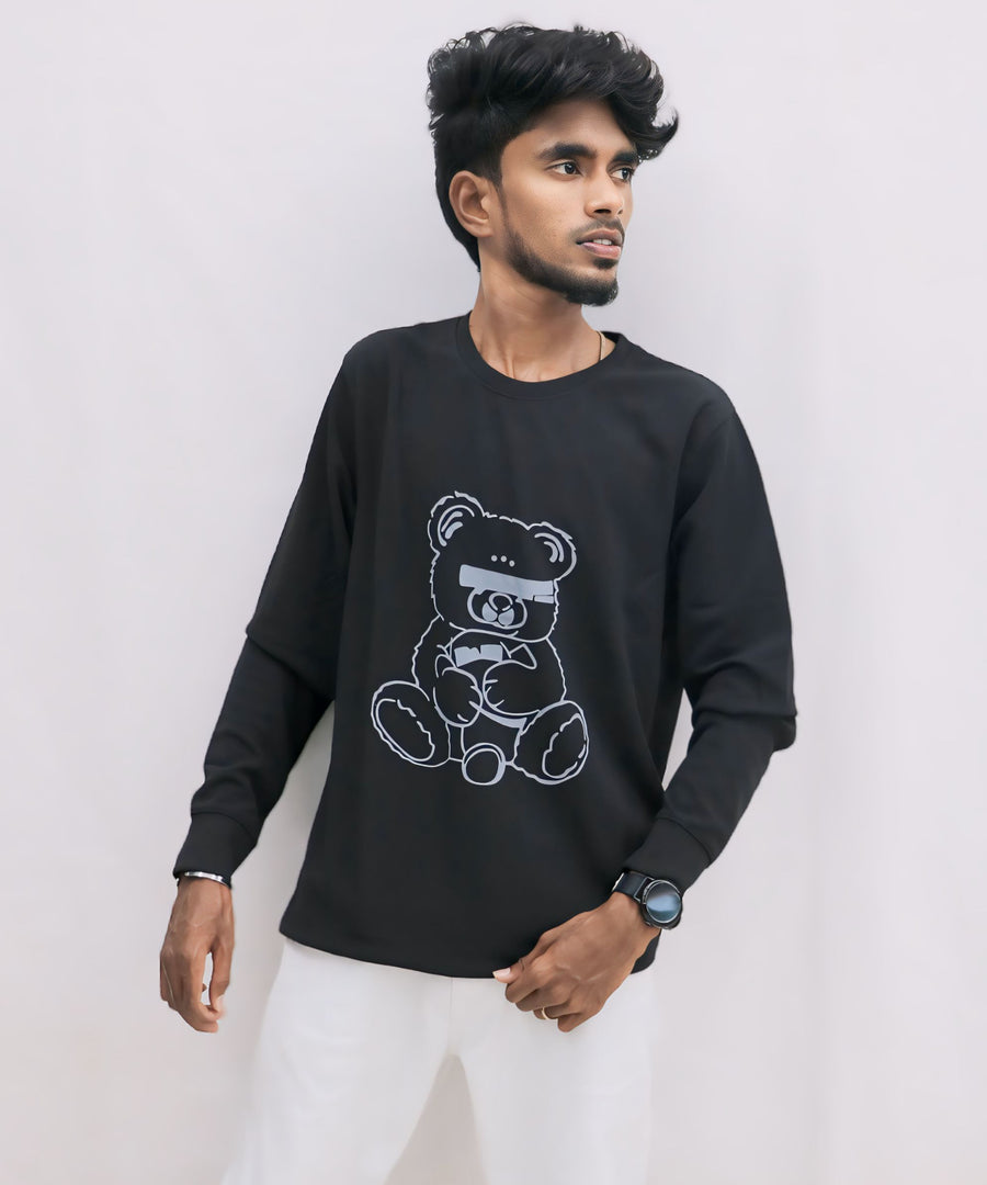 Men's Trendy TEDDY Printed Full Sleeve T-Shirt - BLACK