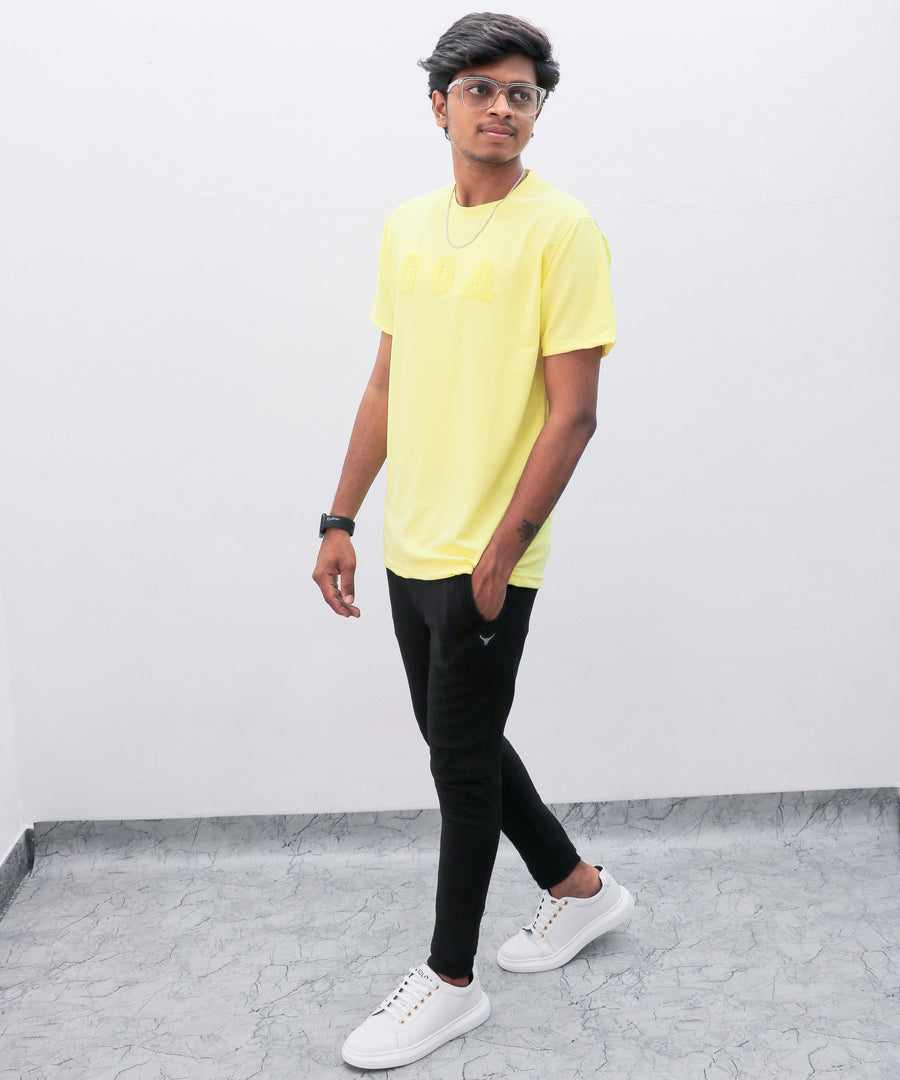 Men's Casual Round Neck Printed Yellow Half Sleeve T-shirt Goa