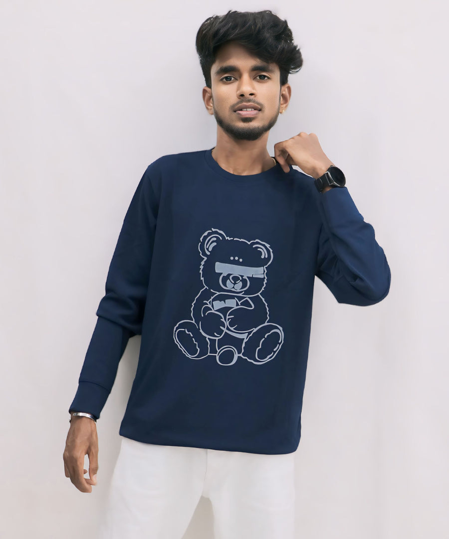 Men's Trendy TEDDY Printed Full Sleeve T-Shirt - NAVY BLUE