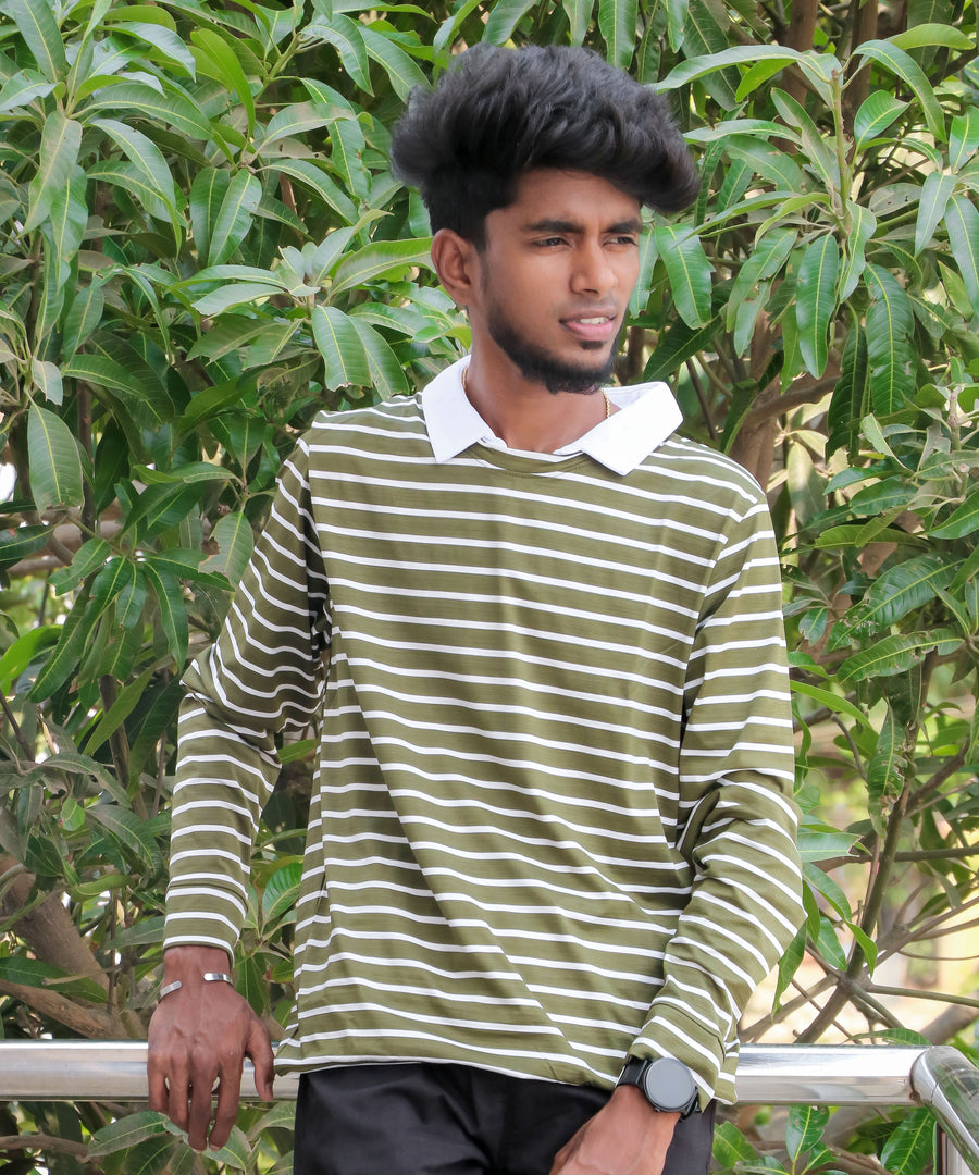 Full Sleeve White Collar Neck Mens Tshirt in Mehndi Green 