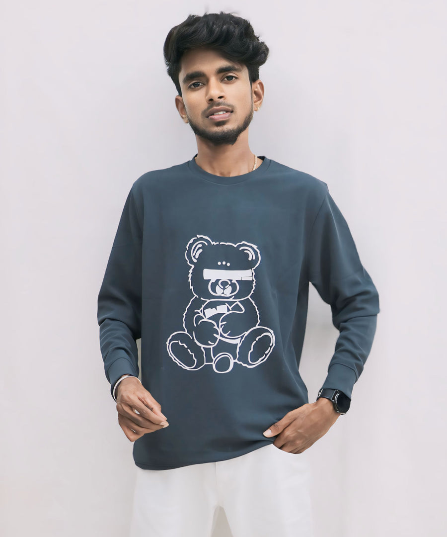 Men's Trendy TEDDY Printed Full Sleeve T-Shirt - DARK GREY