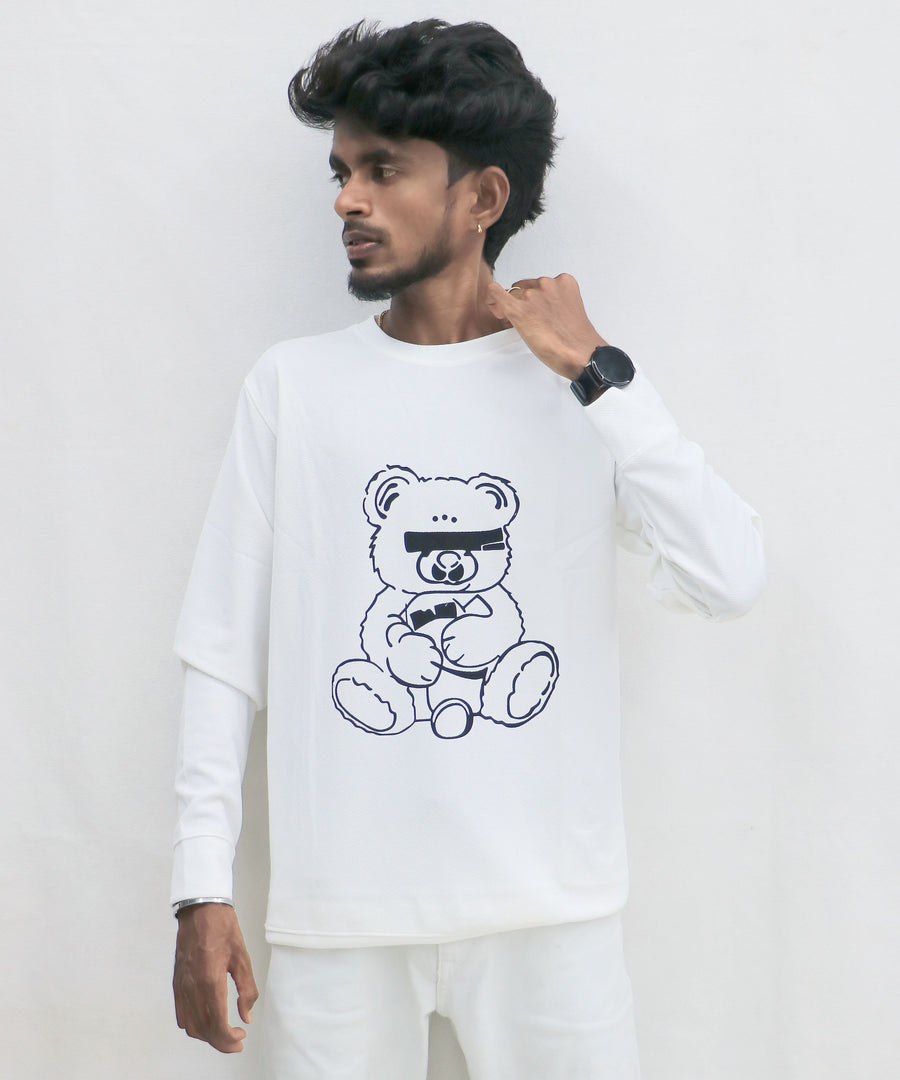 Men's Trendy TEDDY Printed Full Sleeve T-Shirt - WHITE