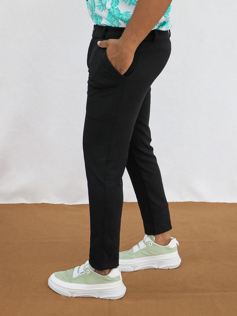 Casual Men's Full Lenght Plain Regular Fit Black Lycra Pant