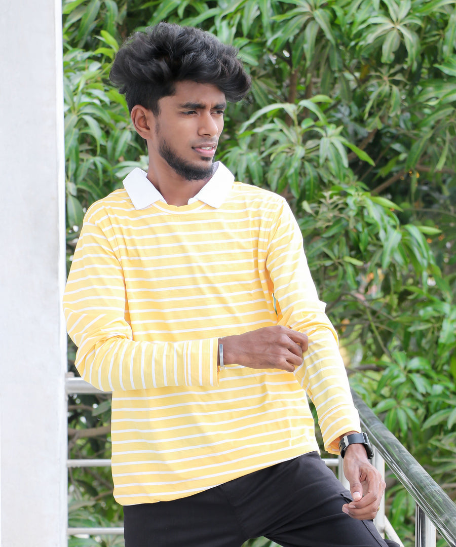 Full Sleeve White Collar Neck Mens Tshirt in Yellow