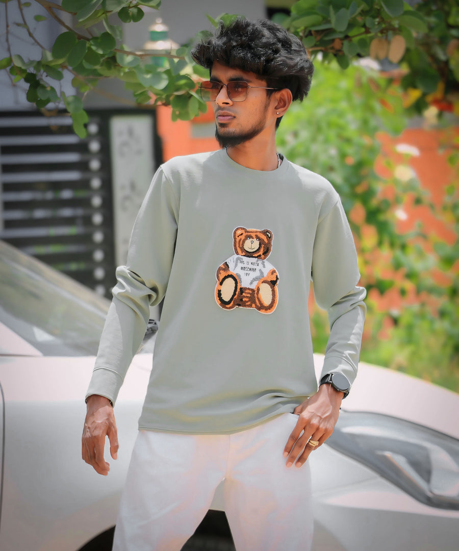 Cute Teddy Printed Full Sleeve T- Shirt - Grey