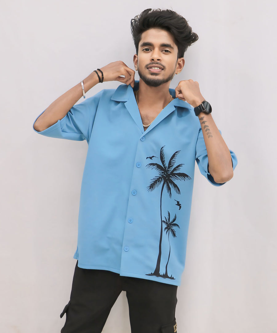 Men's Trendy Five Sleeve Oversize Side Printed Shirt - BLUE