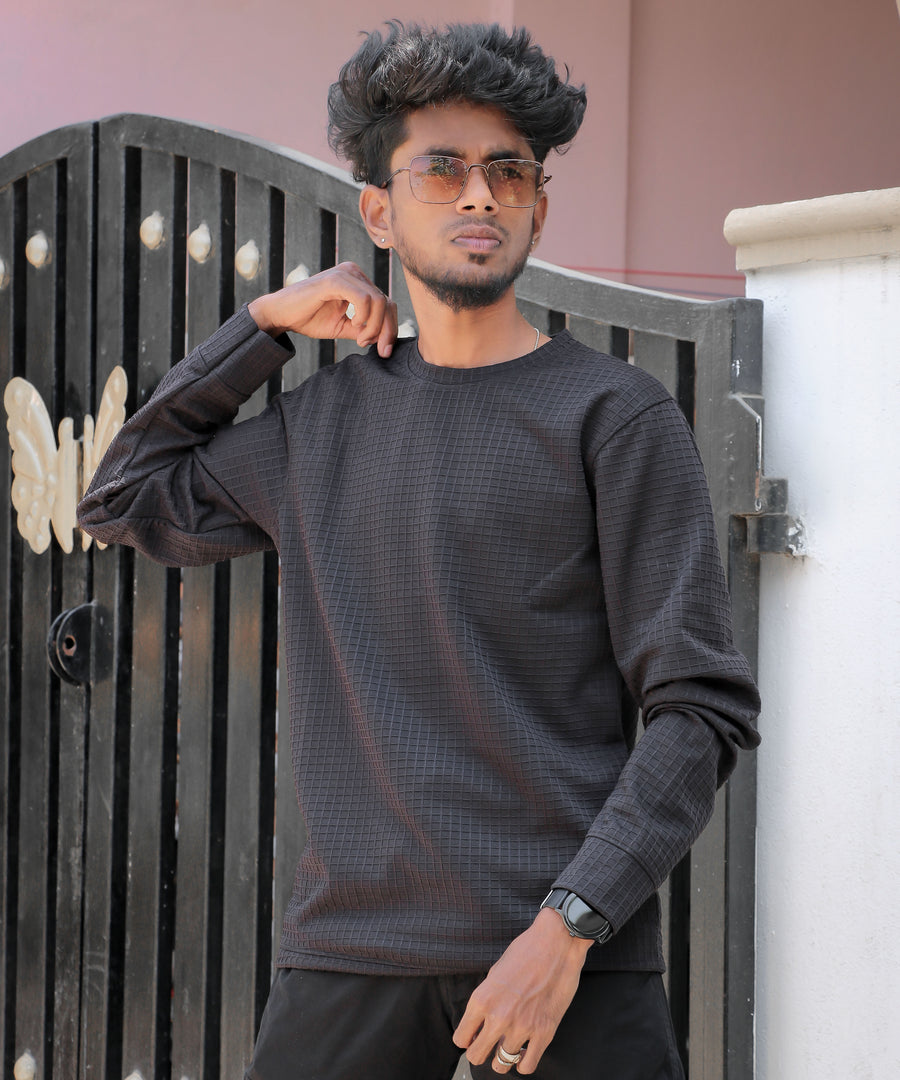 Men's Plain Waffle Long Sleeve T-Shirt - Black