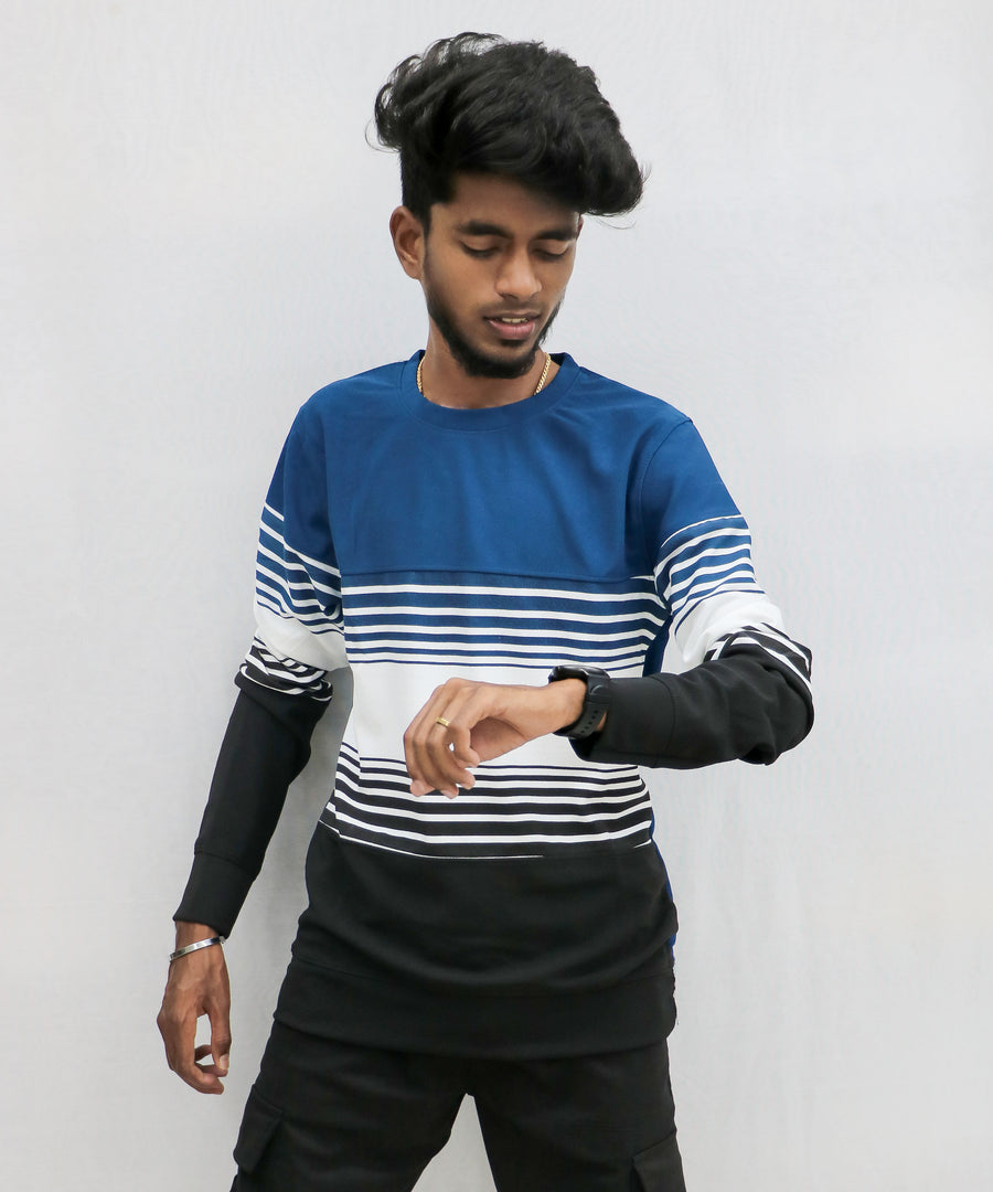 Striped Round Neck Full Sleeve Mens Tshirt in Blue