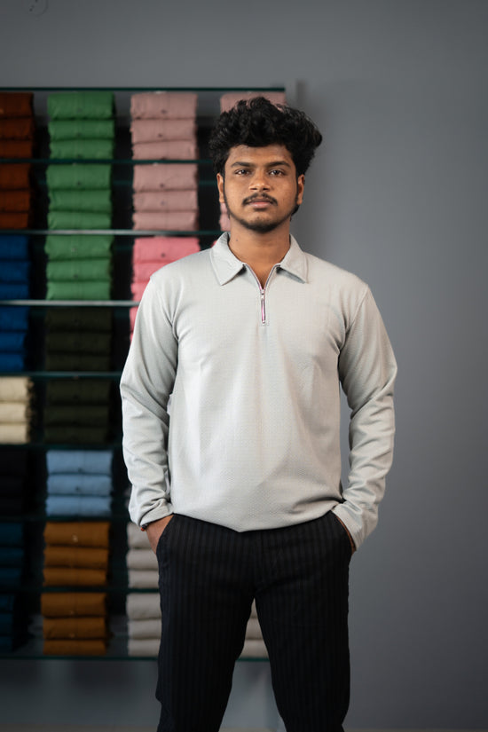 Full Sleeve Collar Neck Popcorn Plain Korean Zipper Tshirt - Ash