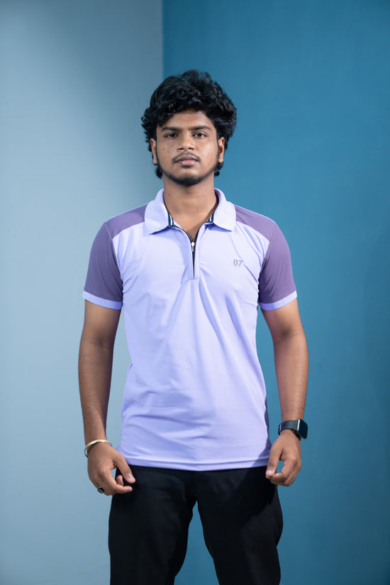 Dual-Tone Short Sleeve Zipper Collar T-Shirt for Men  Trending Korean Fit- Lavendar