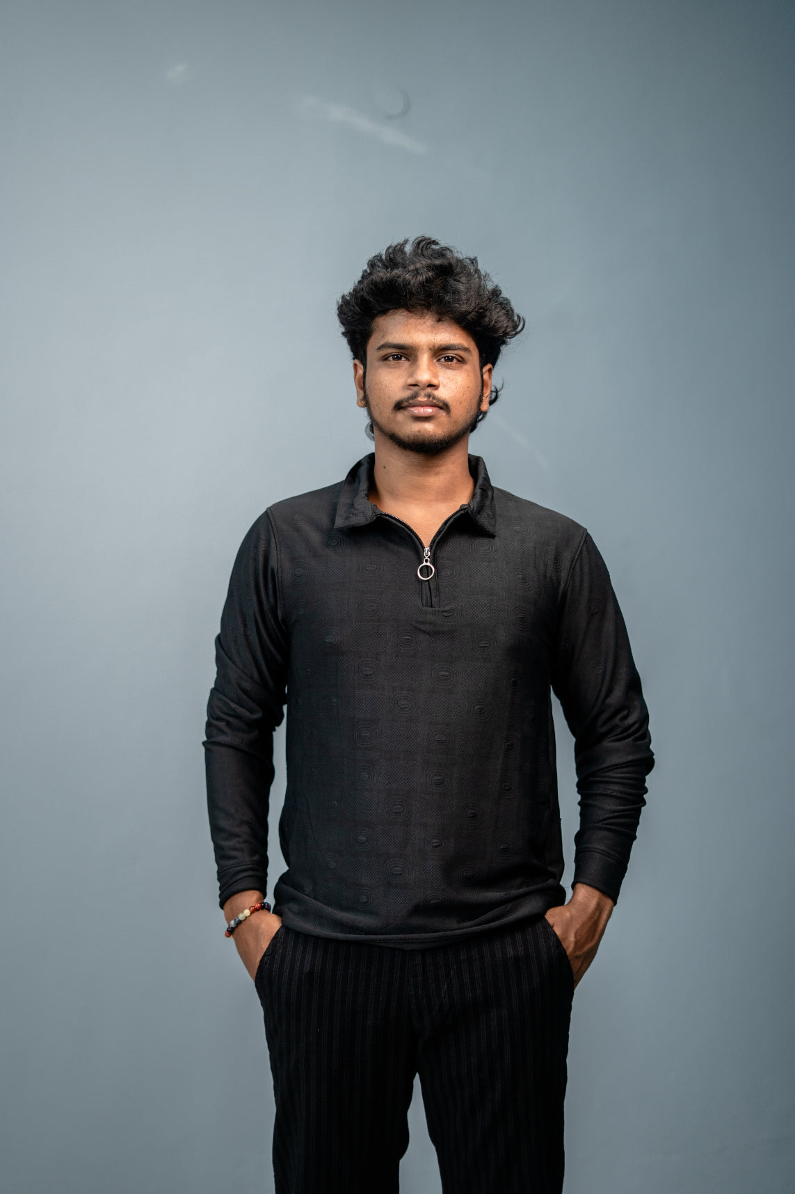 Premium Style Korean Zipper Circle Print  Full Sleeve Tshirt for Men-Black