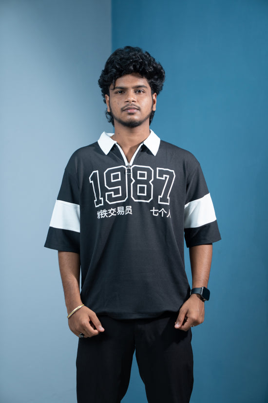 1987 Oversized Zipper T-Shirt for Men  Trending Korean Streetwear-Black