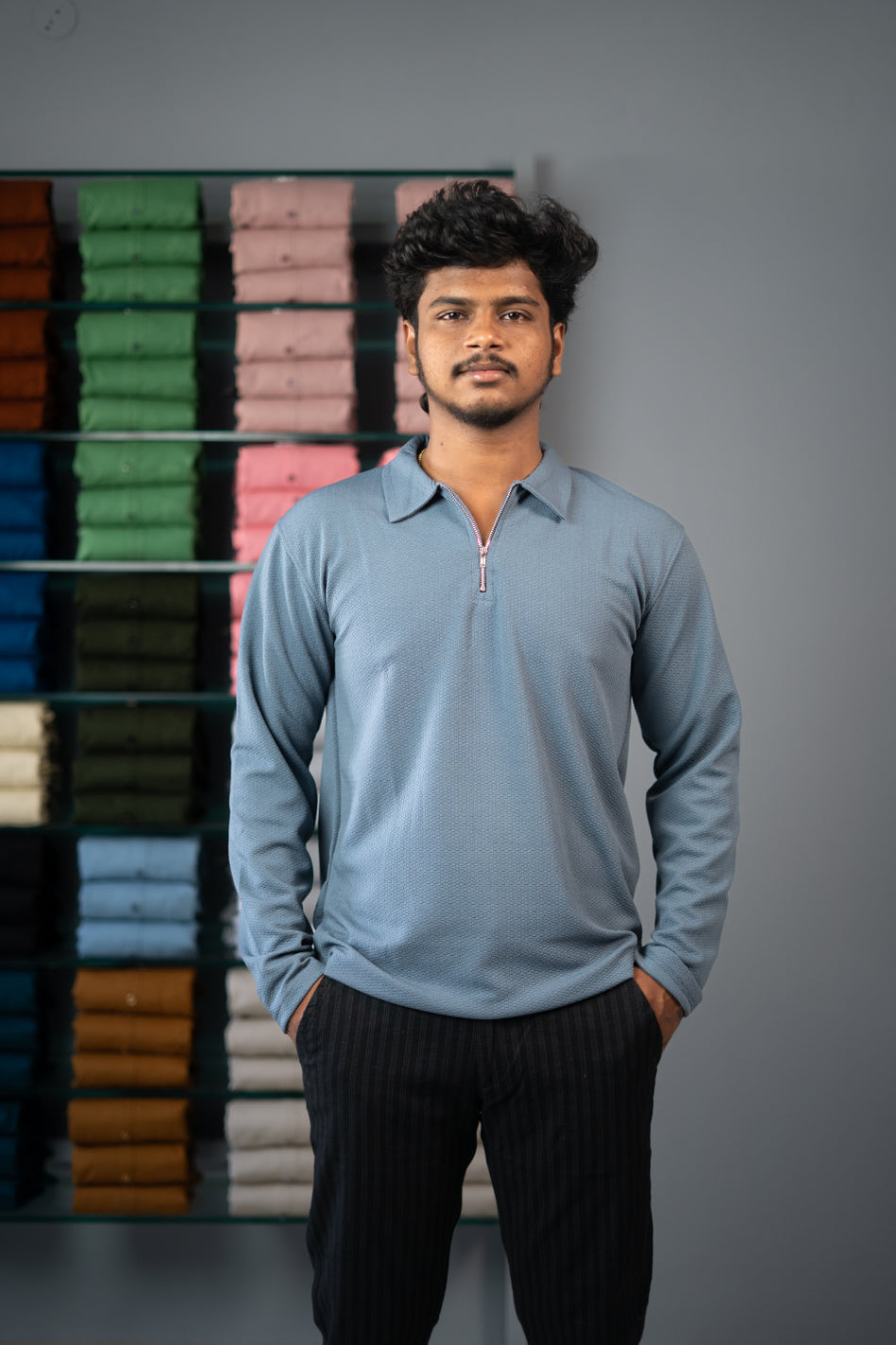 Full Sleeve Collar Neck Popcorn Plain Korean Zipper Tshirt - -Blue