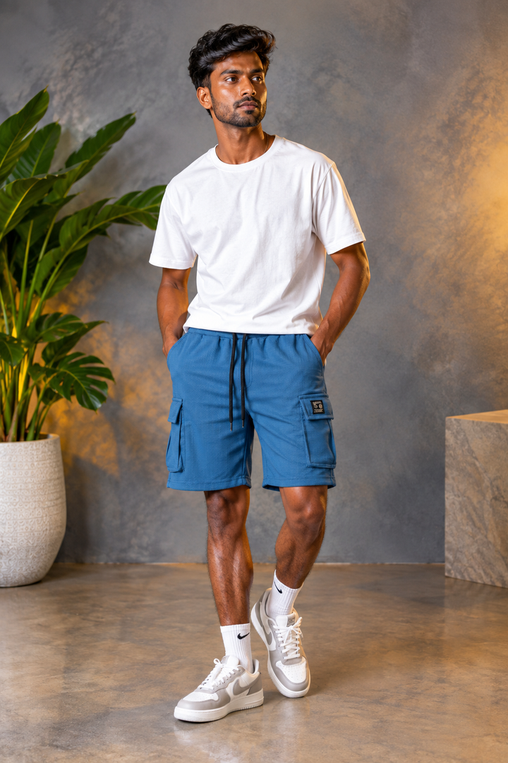 Daily Wear Men's Designer Fabric Textured Cargo Shorts - Slate Blue