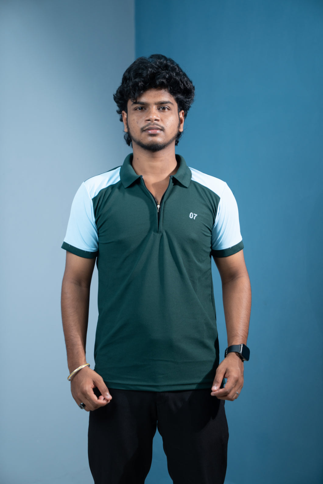 Dual-Tone Short Sleeve Zipper Collar T-Shirt for Men  Trending Korean Fit-Bottle Green