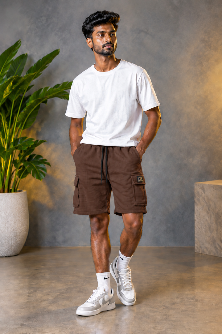 Daily Wear Men's Designer Fabric Textured Cargo Shorts- Dark Brown