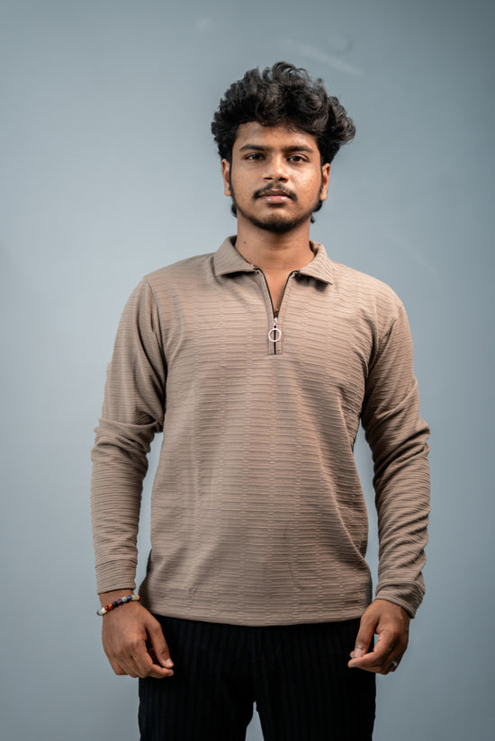 Textured Full Sleeve Korean Zipper Collar Tshirt-Brown