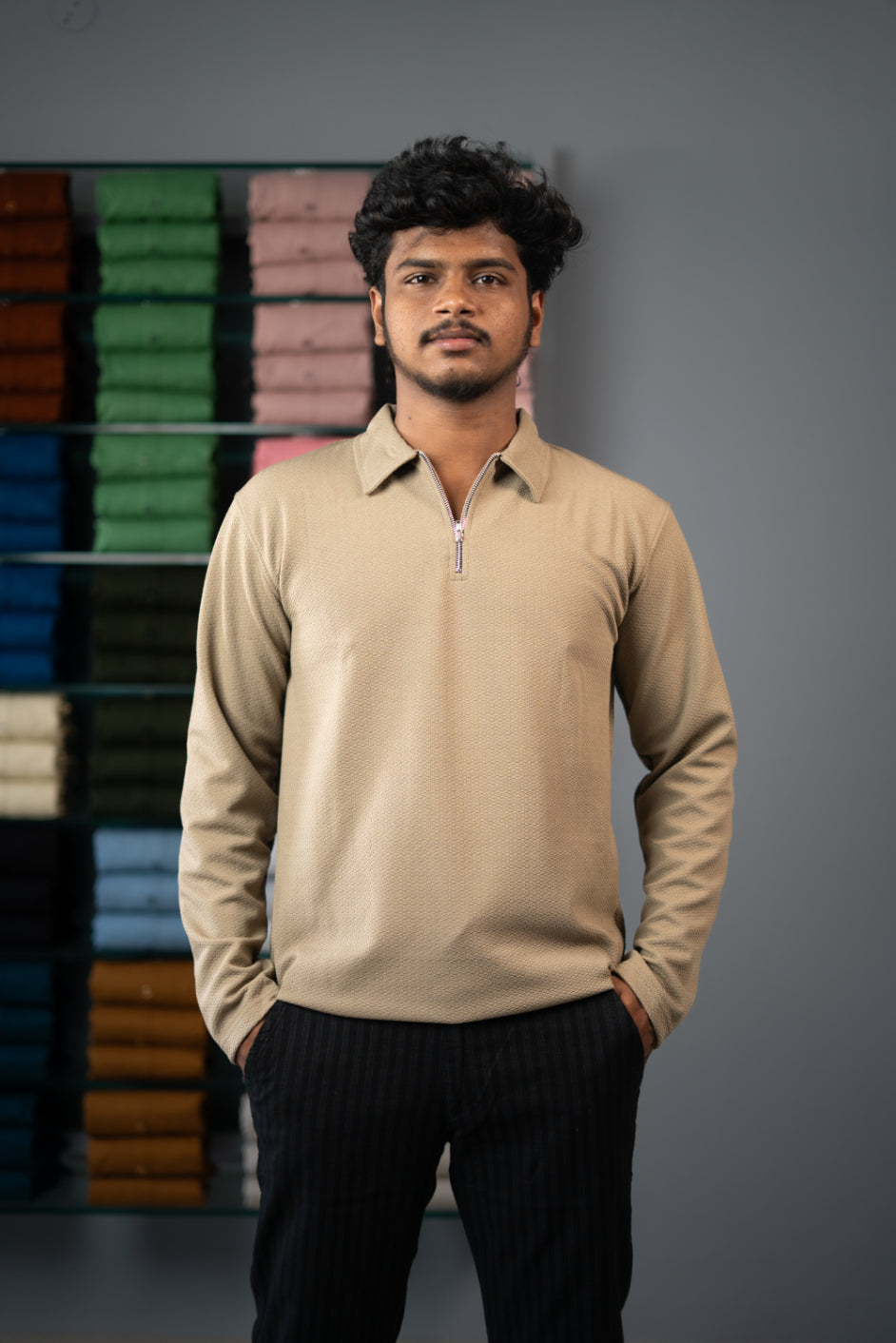 Full Sleeve Collar Neck Popcorn Plain Korean Zipper Tshirt - Brown