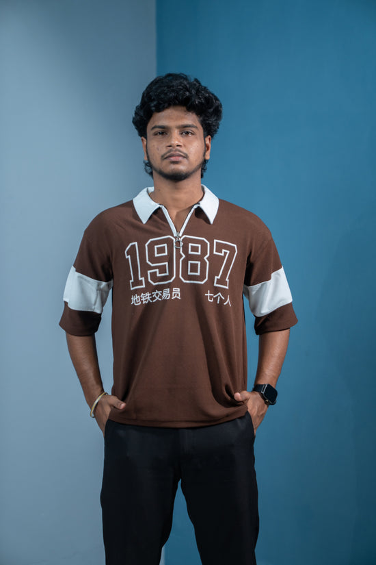 1987 Oversized Zipper T-Shirt for Men  Trending Korean Streetwear-Brown