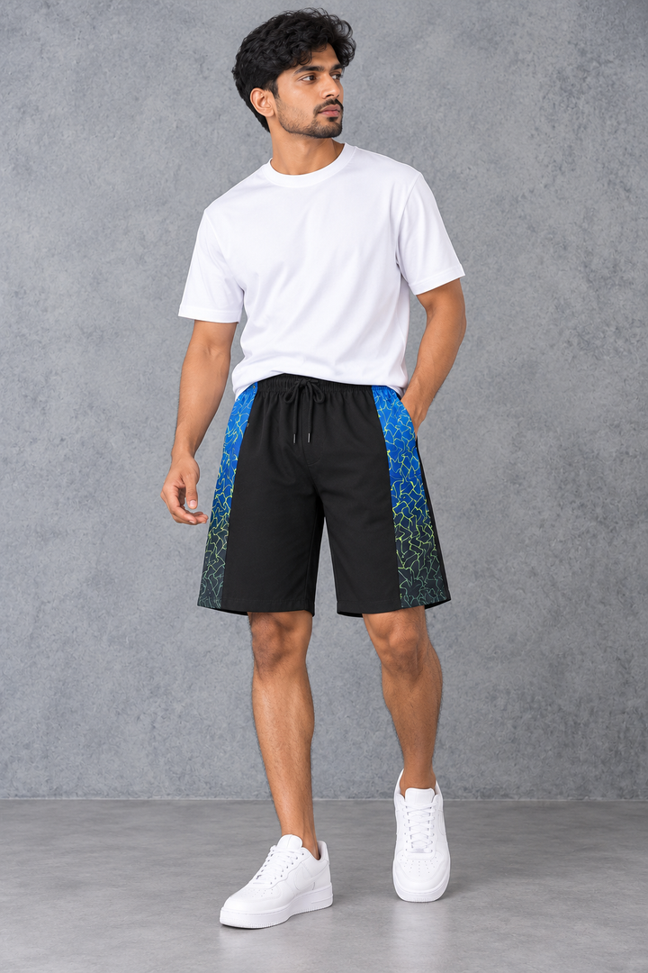 Men's Neon Geometric Printed Side Panel NS Shorts - Blue