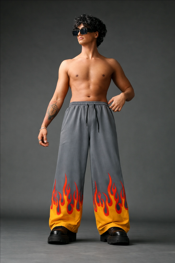 Men's Baggy Flame Print Sweatpants - Wide-Leg Joggers - Ash
