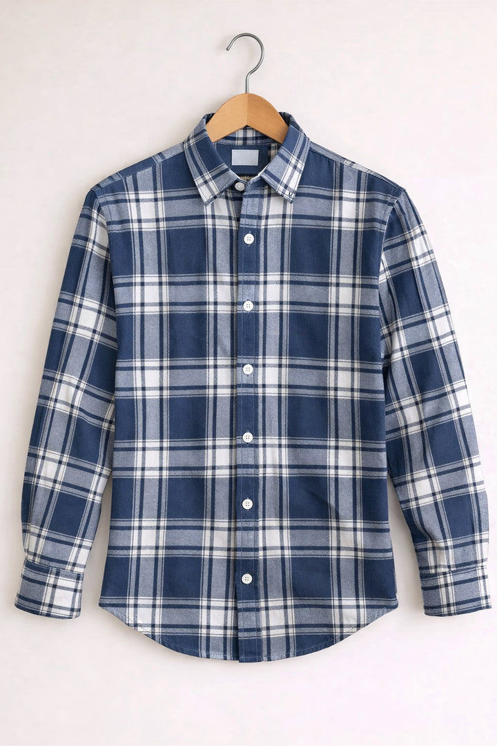 Men’s BIG BOX Checked Full Sleeve Shirt Trendy Casual Wear- Light Blue and White -16
