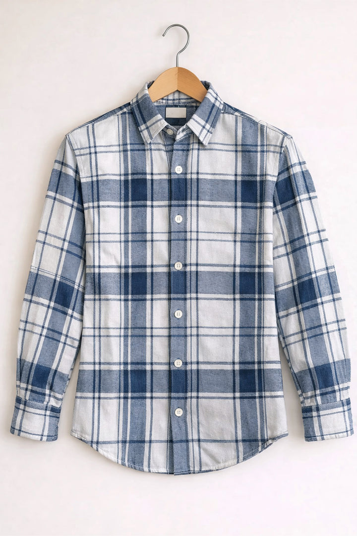Men’s BIG BOX Checked Full Sleeve Shirt Trendy Casual Wear- White and Light Blue -7