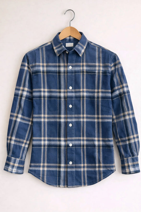 Men’s BIG BOX Checked Full Sleeve Shirt Trendy Casual Wear- Denim Blue and White -14 – 7MAN Men's Fashion India