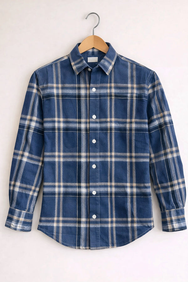 Men’s BIG BOX Checked Full Sleeve Shirt Trendy Casual Wear- Denim Blue and White -14